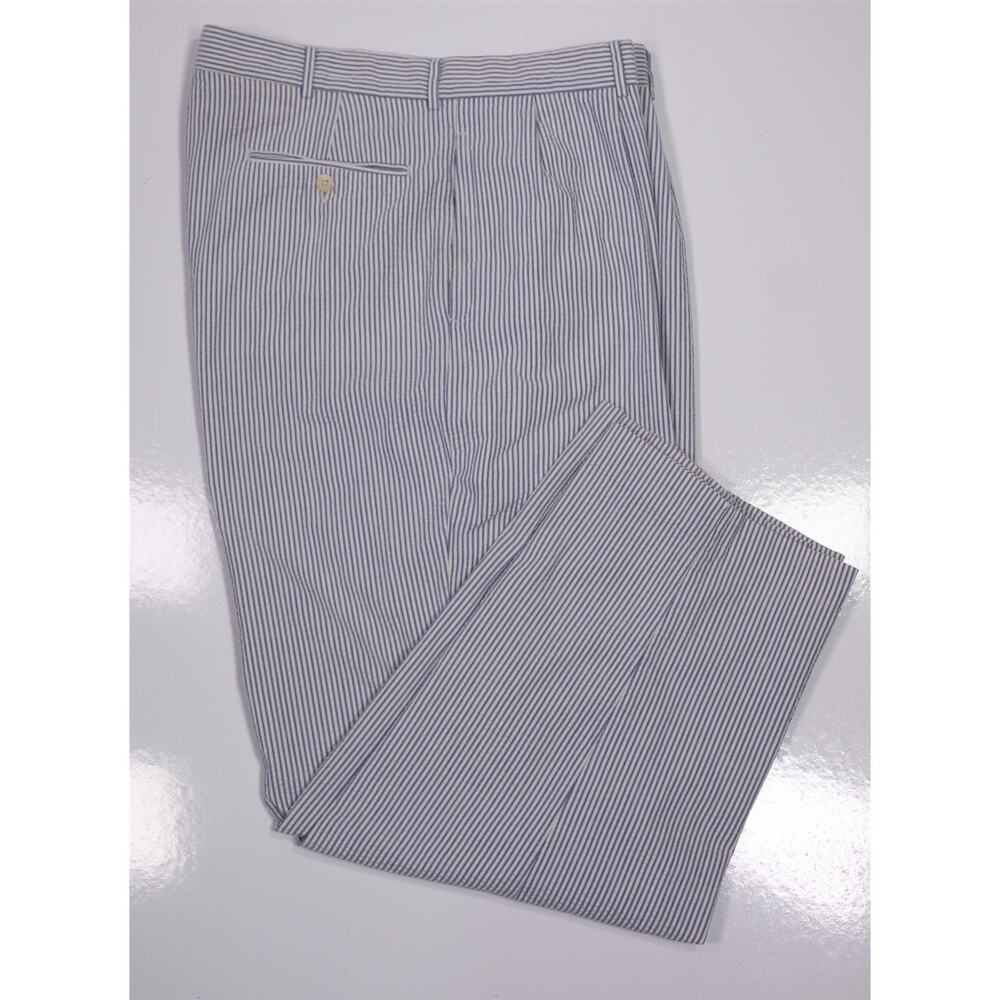 Polo Ralph Lauren Blue White Seersucker Pleated Cotton Dress Pants 36x28